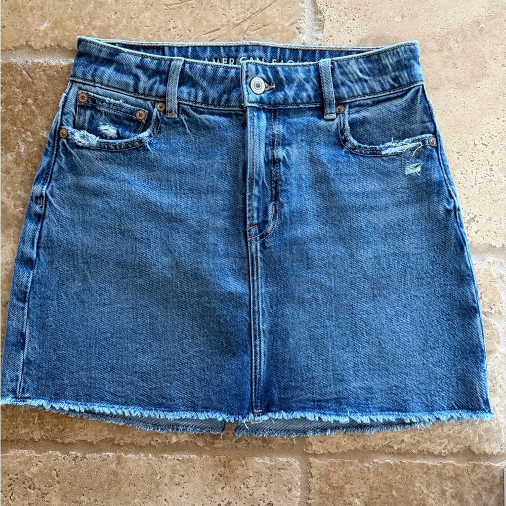 American Eagle Outfitters Blue Denim Frayed-Hem Mini Skirt